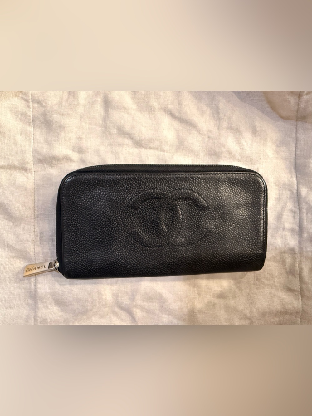Vintage Chanel Large Black Caviar Timeless CC Zipper Around Wallet